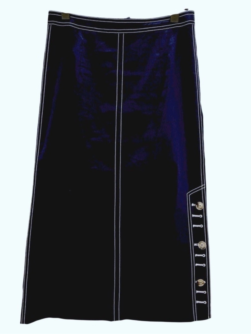 Emin Paul Shoreditch Contrast-Stitch Navy Midi Skirt with Side Button Detail